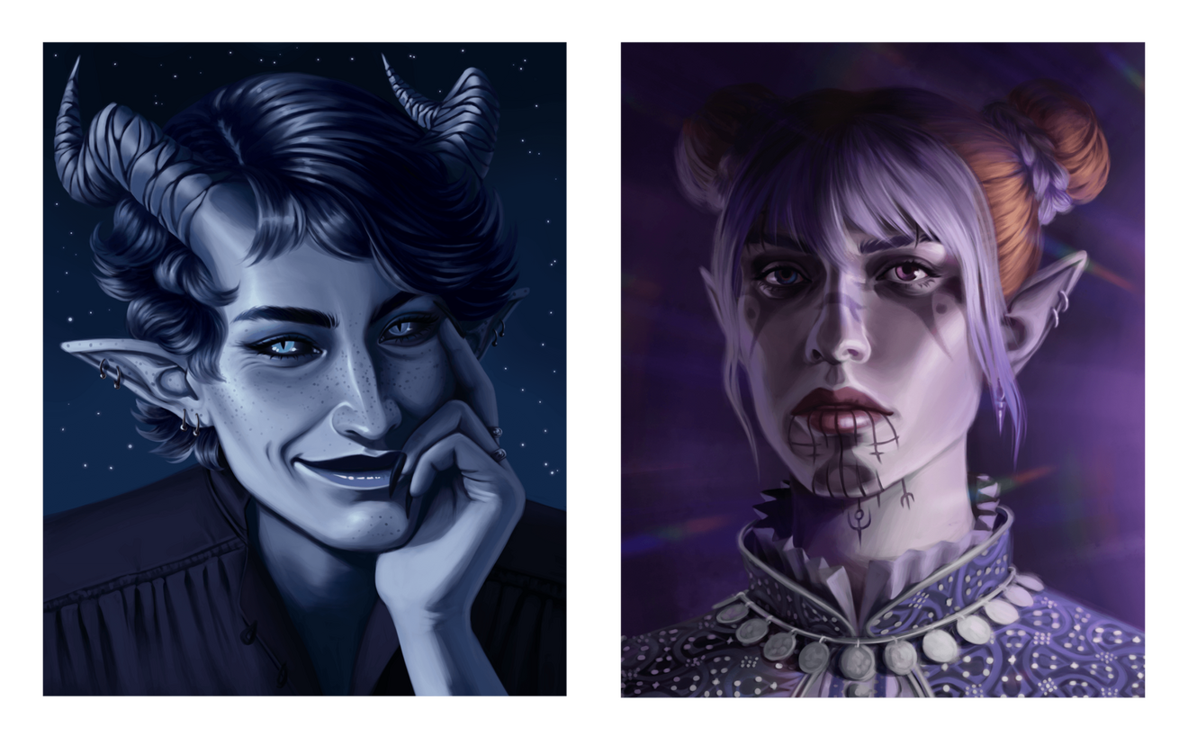 Four portraits of different characters. Top left and right are artworks of my OCs. Bott
